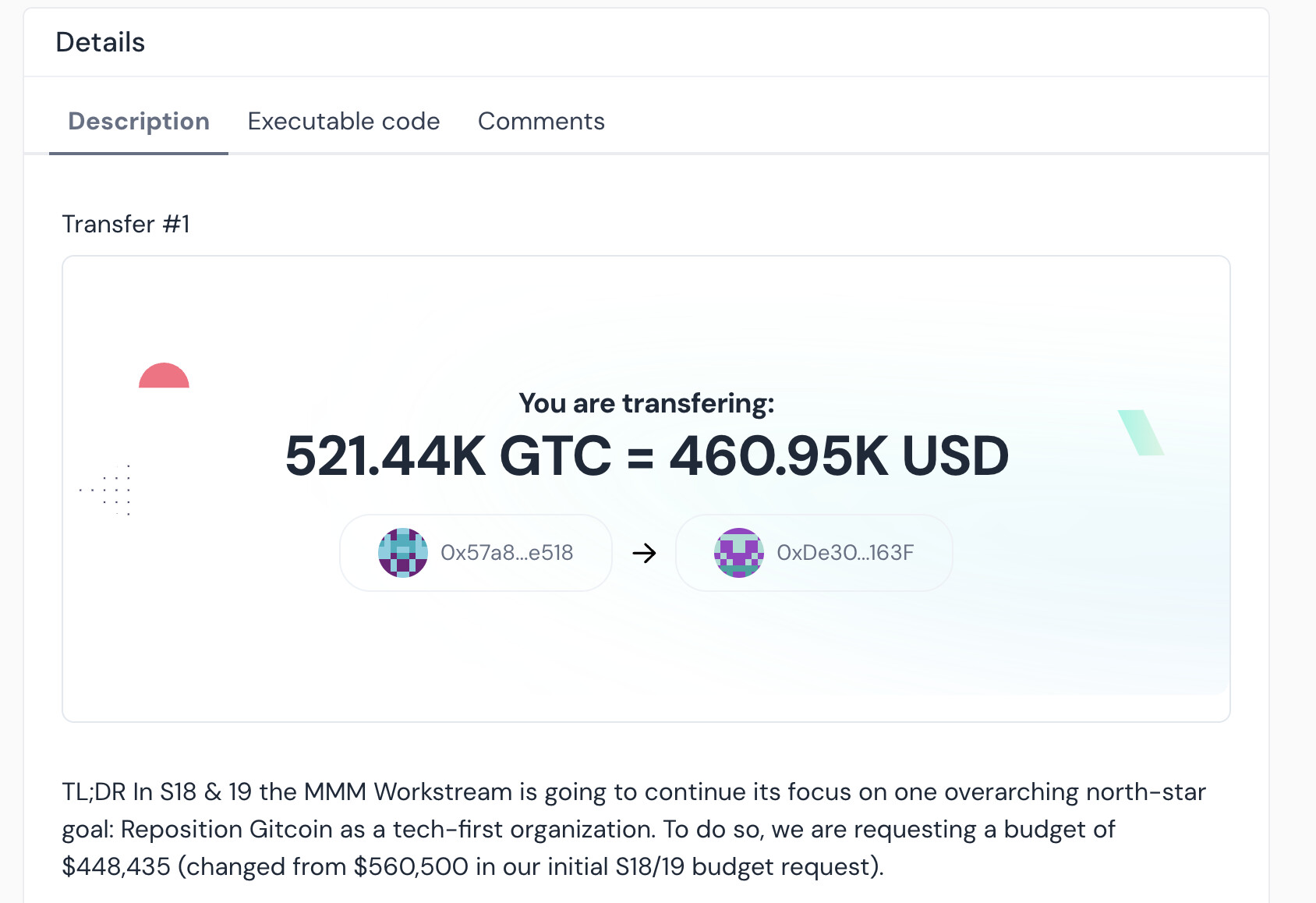 جزئیات تراکنش و آدرس مقصد. منبع: gov.gitcoin.co