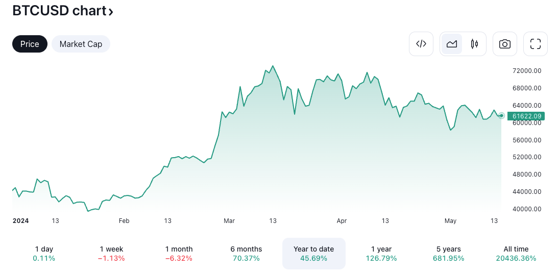 بیت کوین از ابتدای سال 45.7 درصد افزایش یافته است. منبع: TradingView