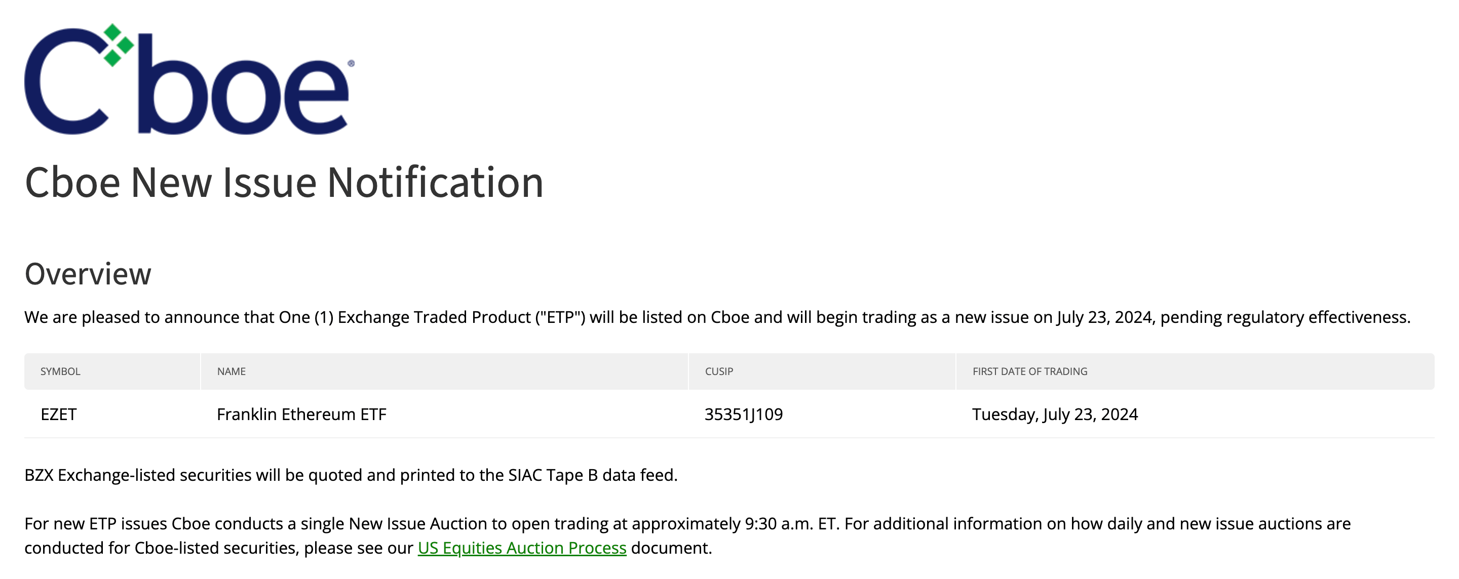 اعلامیه جدید CBOE برای ETF اتریوم فرانکلین تمپلتون. منبع: CBOE