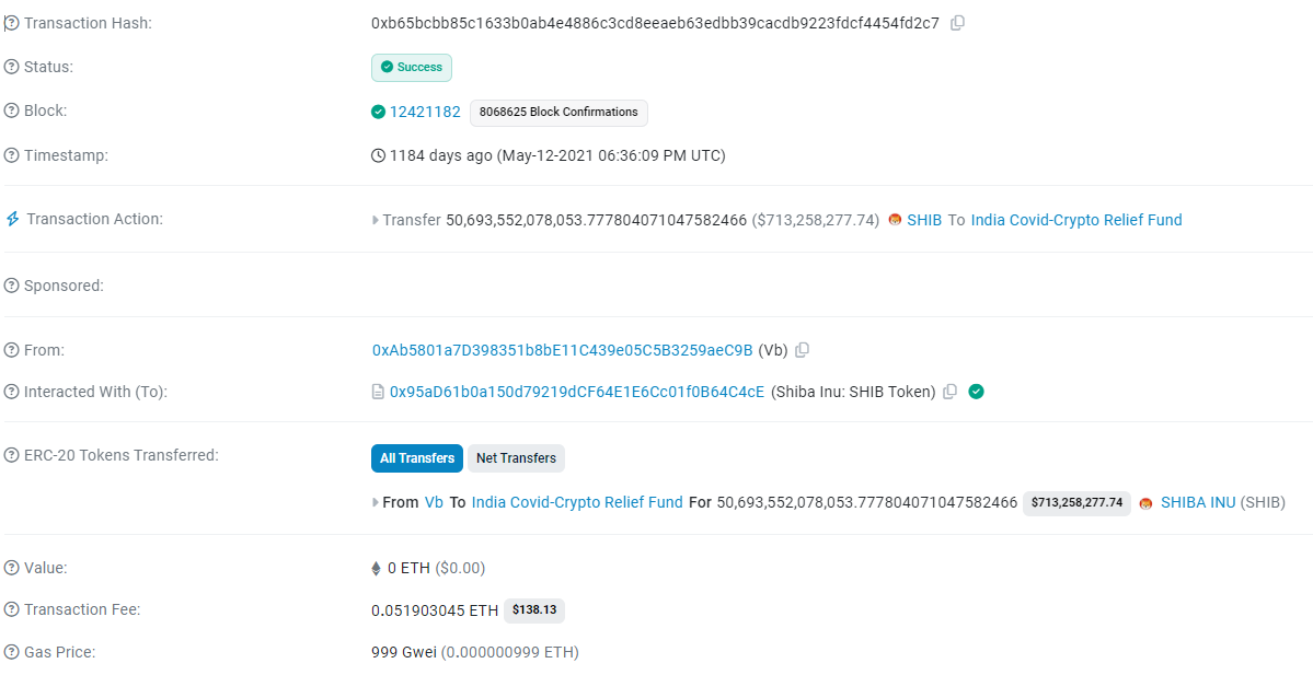 کمک ۱ میلیارد دلاری بوترین. منبع: Etherscan