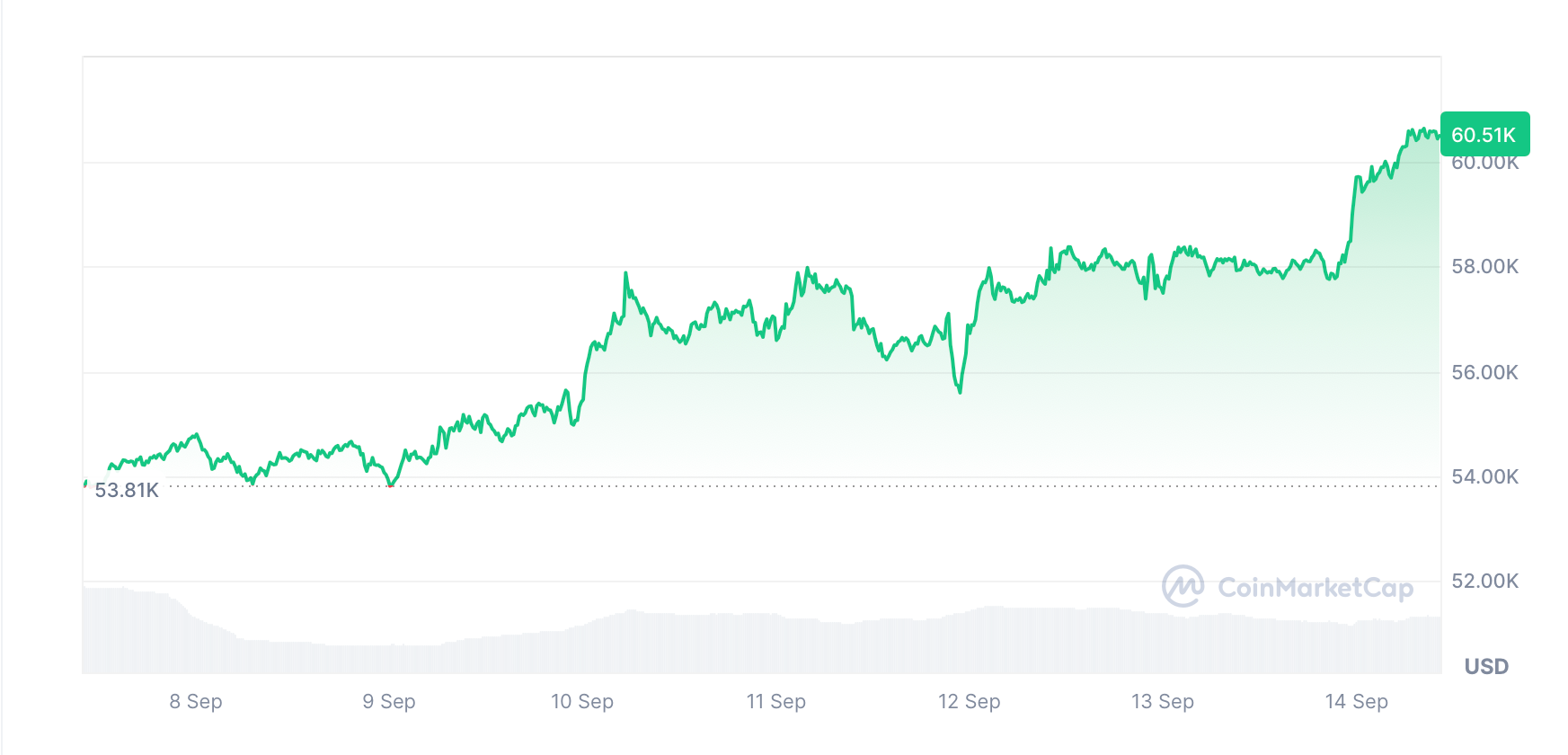 بیت کوین در هفت روز گذشته ۱۲.۴۰ درصد افزایش یافت. منبع: CoinMarketCap