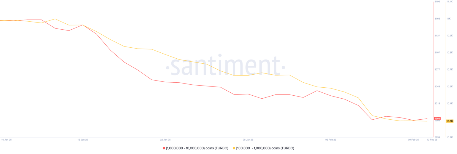 تعداد آدرس‌هایی که بین 100000 تا 10000000 TURBO دارند. منبع: Santiment.