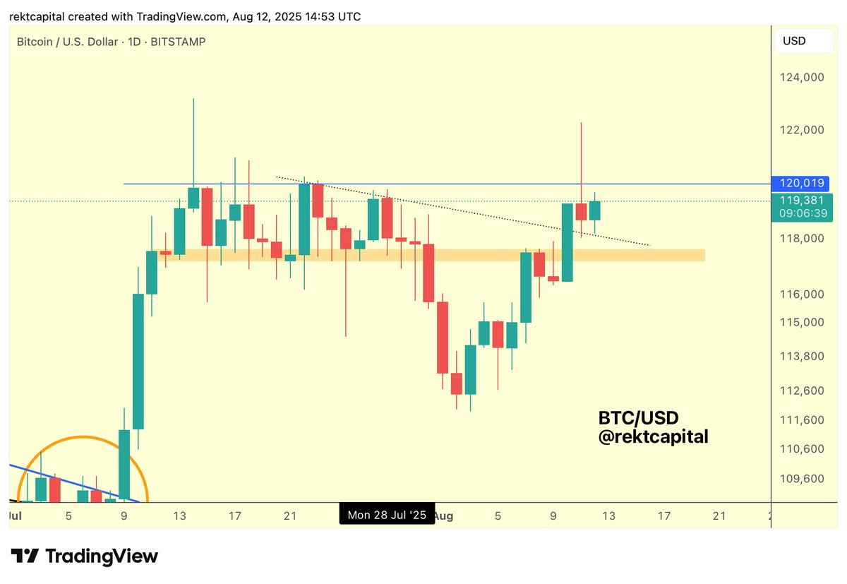 نمودار یک روزه بیت کوین. منبع: Rekt Capital/X