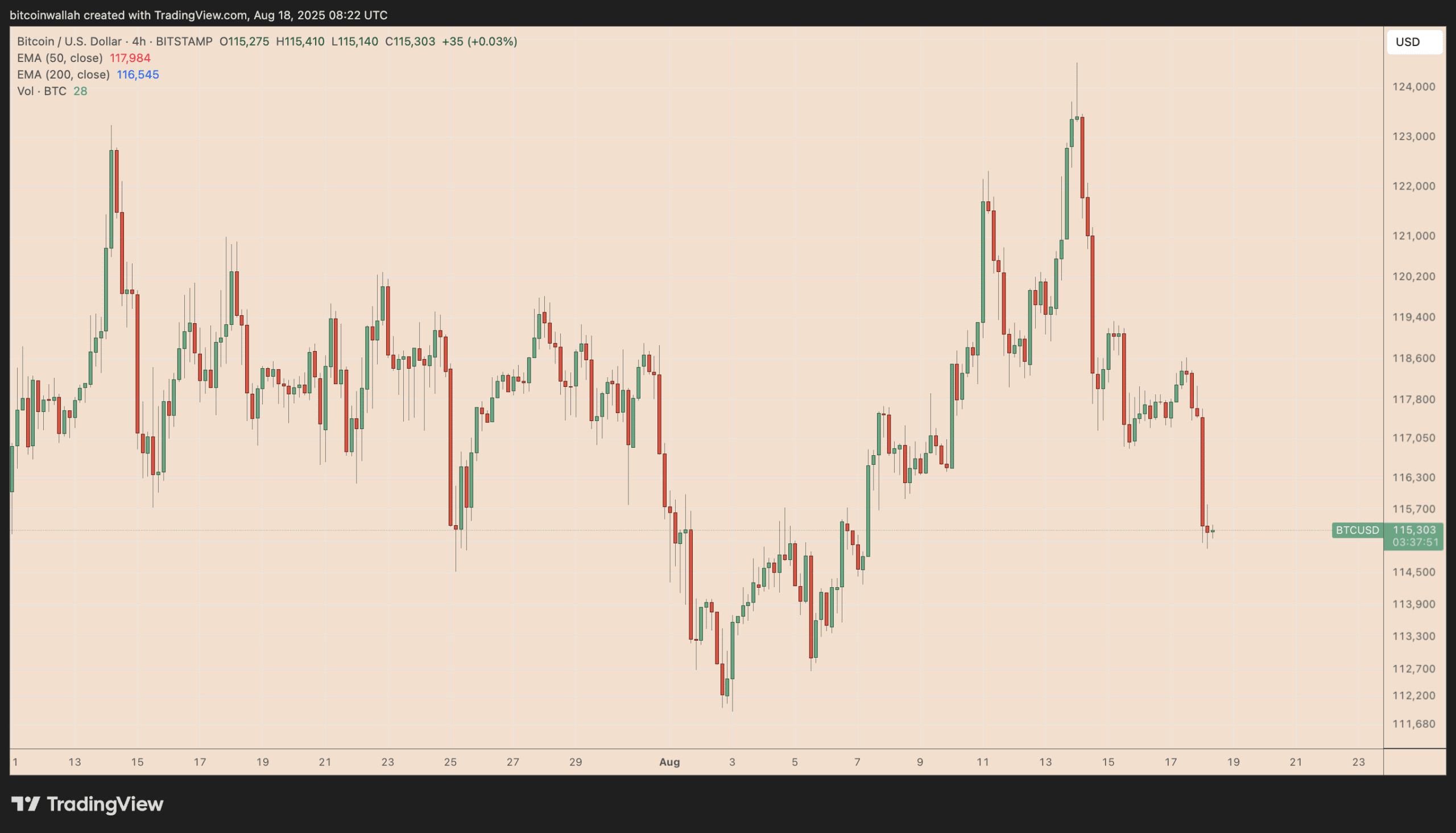 نمودار قیمت چهار ساعته بیت کوین. منبع: TradingView