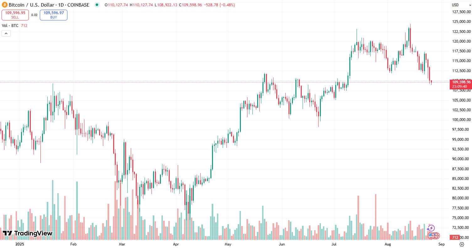 بیتکوین روز سهشنبه در Coinbase به زیر ۱۰۹ هزار دلار رسید. (منبع: TradingView)