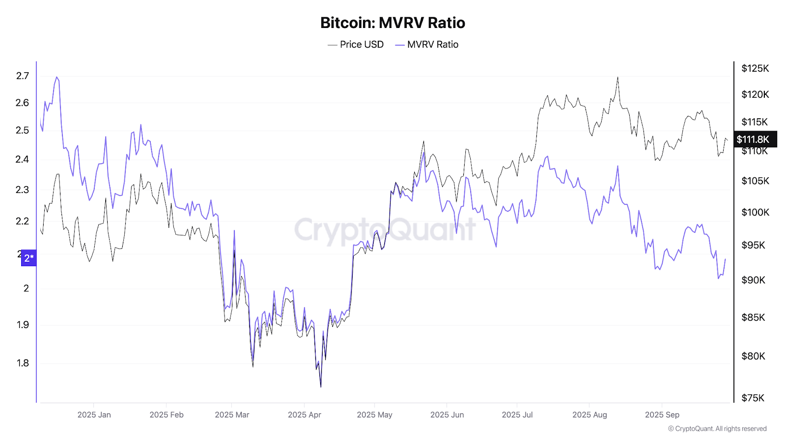 نسبت (MVRV) بیت کوین (بنفش) در مقایسه با قیمت آن (مشکی) از اواخر سال ۲۰۲۴.
