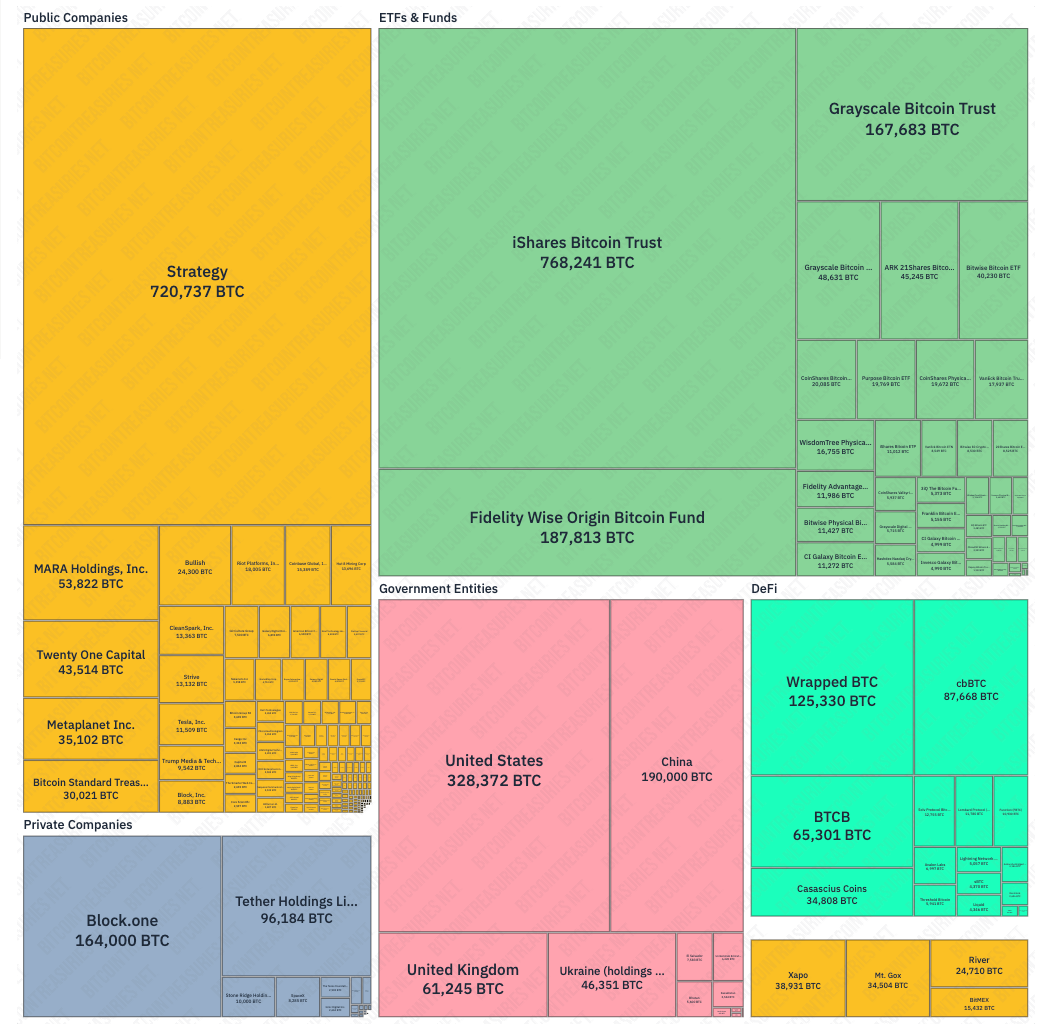 دارایی‌های بیت‌کوین شرکت‌ها،(ETF)ها، دولت‌های ملی.