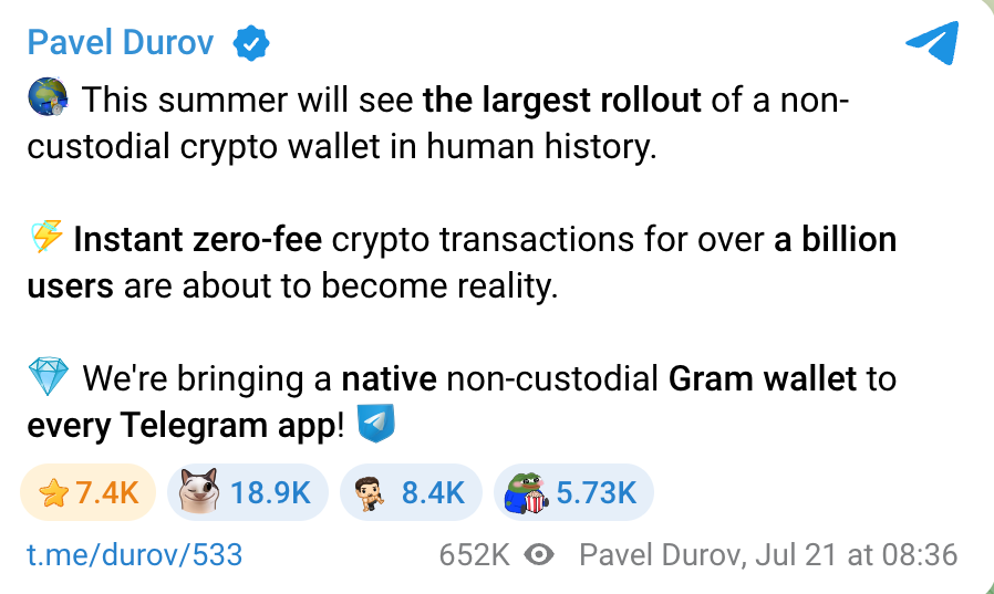 اعلام راه‌اندازی کیف پول Gram توسط پاول دوروف. منبع: Pavel Durov