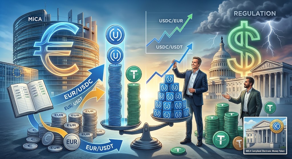 USDC در معاملات استیبل‌ کوین‌های مبتنی بر یورو از USDT پیشی گرفت؛ قوانین اتحادیه اروپا بازار را دگرگون می‌کند