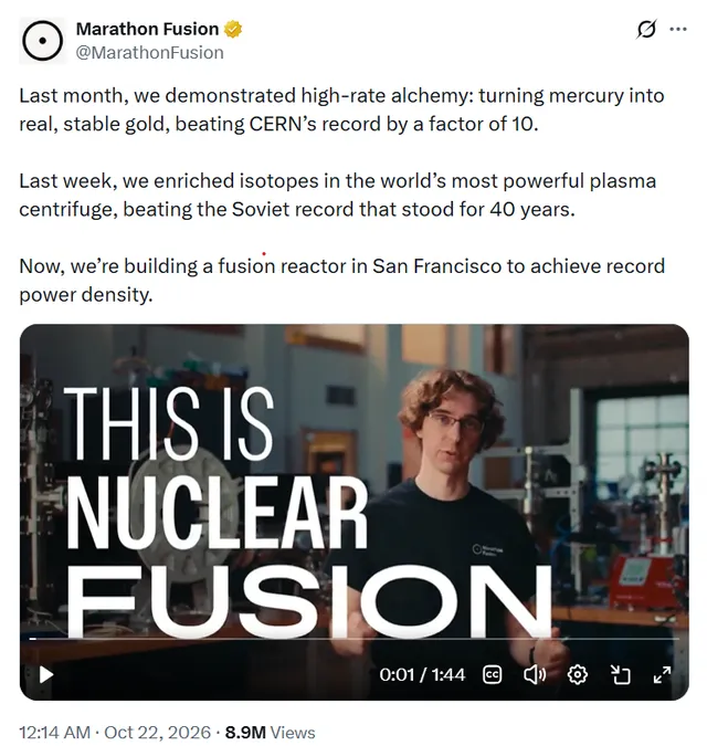 تبدیل جیوه به طلا از طریق همجوشی هسته‌ای؛ منبع: Marathon Fusion