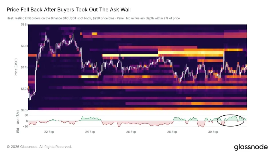 دفتر سفارش BTC/USDT در بایننس. منبع: Glassnode
